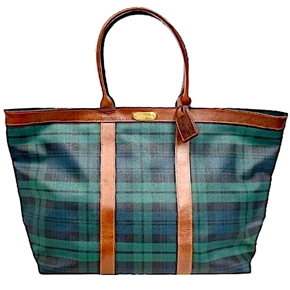 RALPH LAUREN BlackWatch Plaid Coated Canvas Brown Leather Top Zip Oversized Bag